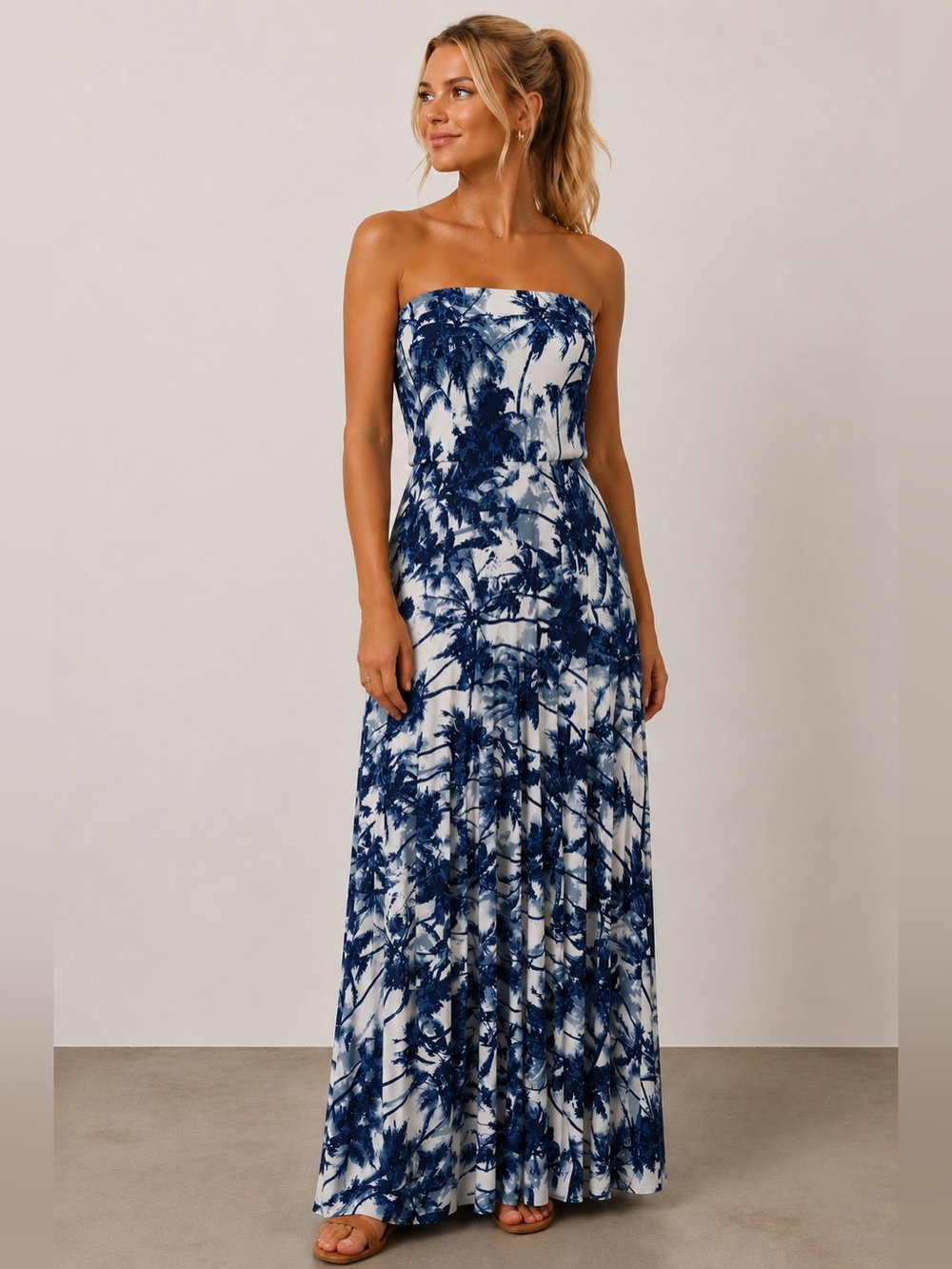 Strapless Navy & White Tropical Maxi Dress | Flowy Beach Resort Dress | Size L